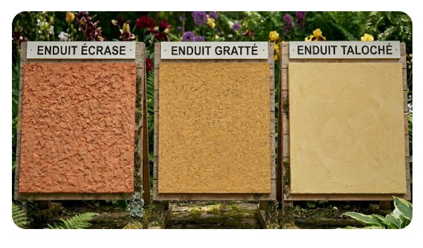Trois finitions d'enduit : écrasé, gratté, taloché